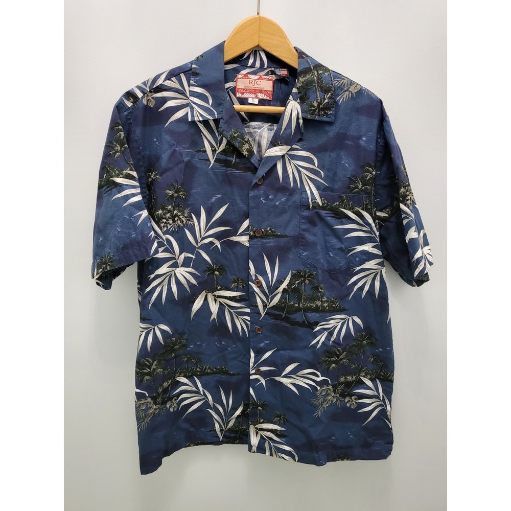 RJC Hawaiian Shirt Mens L Tropical Palm Trees Blue Vintage Made in USA‎
